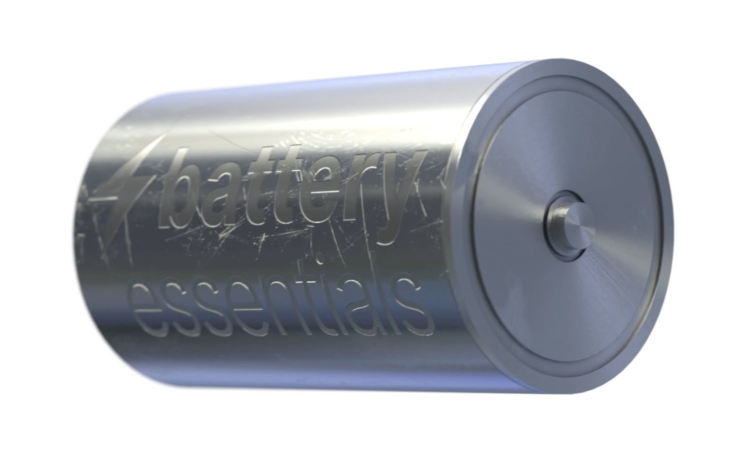 A metallic cylindrical Battery Essentials cell opens to reveal its electrode winding, insulation, contacts and lid.